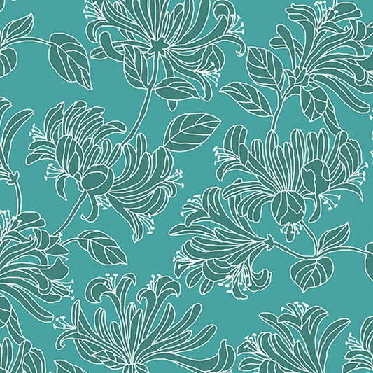 Hummingbirds & Honeysuckle - 13215-82 in Turquoise - Jackie Robinson - Benartex