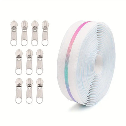 Zipper Set Nylon #5 - Rainbow Zippy White (4.9 Yards & BONUS 10 Pulls) - Essential Notions