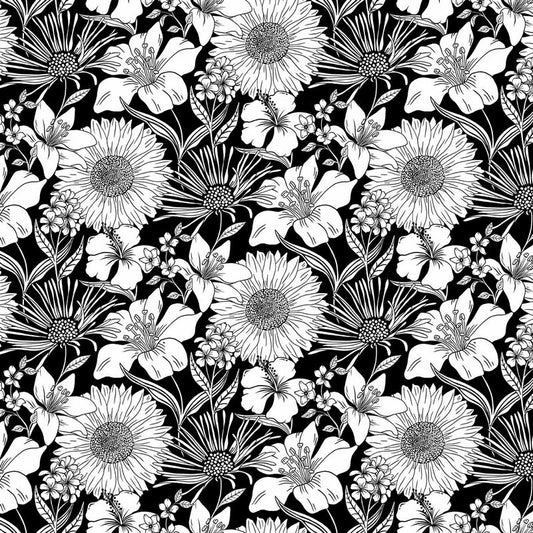 Ebony & Ivory - Supersize Flora in Black - Northcott (Pre-order: Jan 2025)