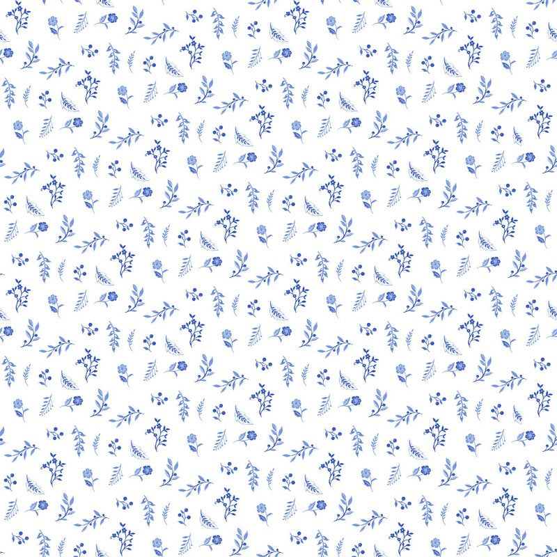 Delft Dynasty - Flower Toss in White/Blue - Northcott (Pre-order: Sept 2025)