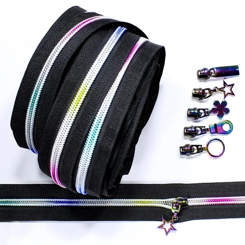 Zipper Set Nylon #5 - Rainbow Zippy Black (4.9 Yards & BONUS 5 Pulls) - Essential Notions