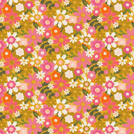 Joyful June - Floral in Ochre - Sarah Hearts - FIGO (Northcott) (Pre-order: Sept 2025)