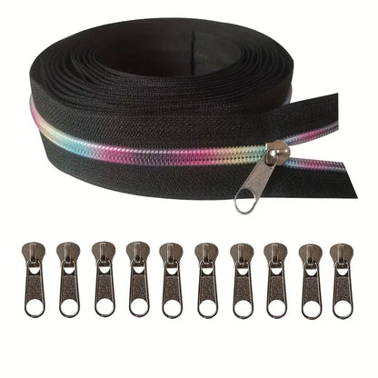 Zipper Set Nylon #5 - Rainbow Black (4.9 Yards & BONUS 10 Pulls)