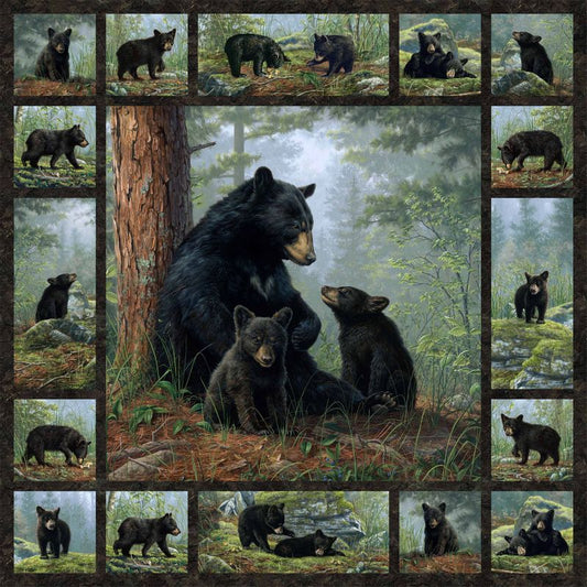 Bear's Den - PANEL in Black Multi - Hautman Brothers Wildlife Art - Northcott (Pre-order: Dec 2024)