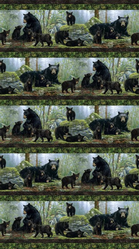 Bear's Den - Border Stripe in Black Multi - Hautman Brothers Wildlife Art - Northcott (Pre-order: Dec 2024)