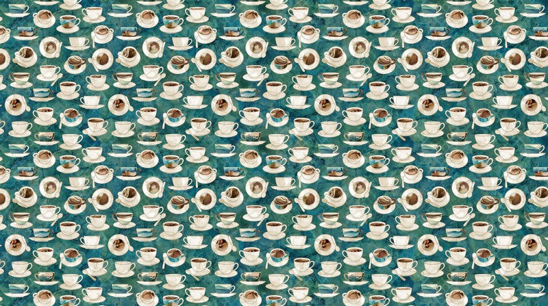 Barista - Cups & Saucers in Dark Teal Multi - Deborah Edwards & Melanie Samra - Northcott (Pre-order: Dec 2024)