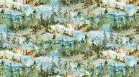 The Great Outdoors - Mountain Scene in Teal Multi - Deborah Edwards & Melanie Samra - Northcott (Pre-order: Oct 2025)