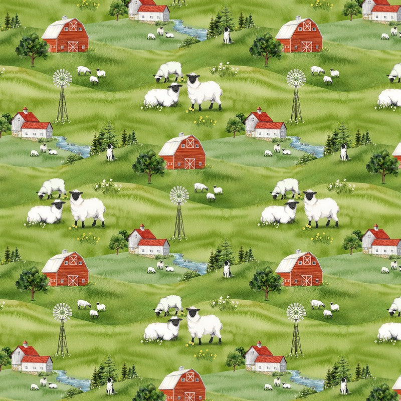 Counting Sheep - Scenic in Green Multi - Deborah Edwards - Northcott (Pre-order: Nov 2025)