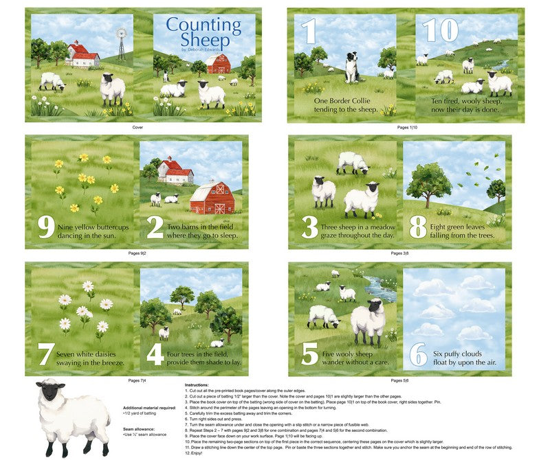 Counting Sheep - Book Panel in Green Multi - Deborah Edwards - Northcott (Pre-order: Nov 2025)