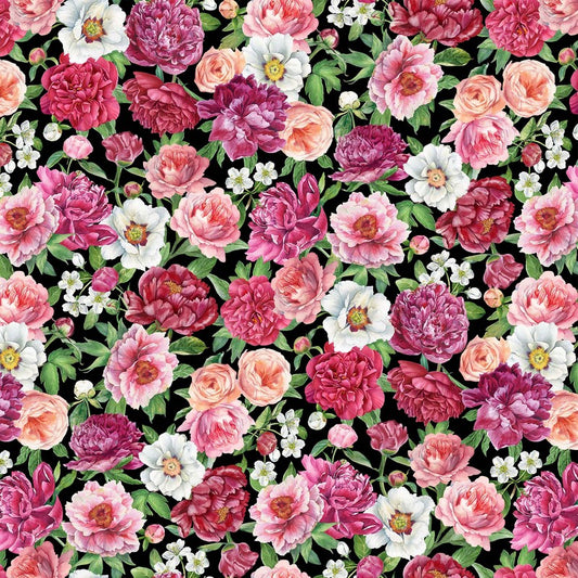 Blush (Cotton Sateen) - Packed Floral in Black Multi - Michel Design Works - Northcott